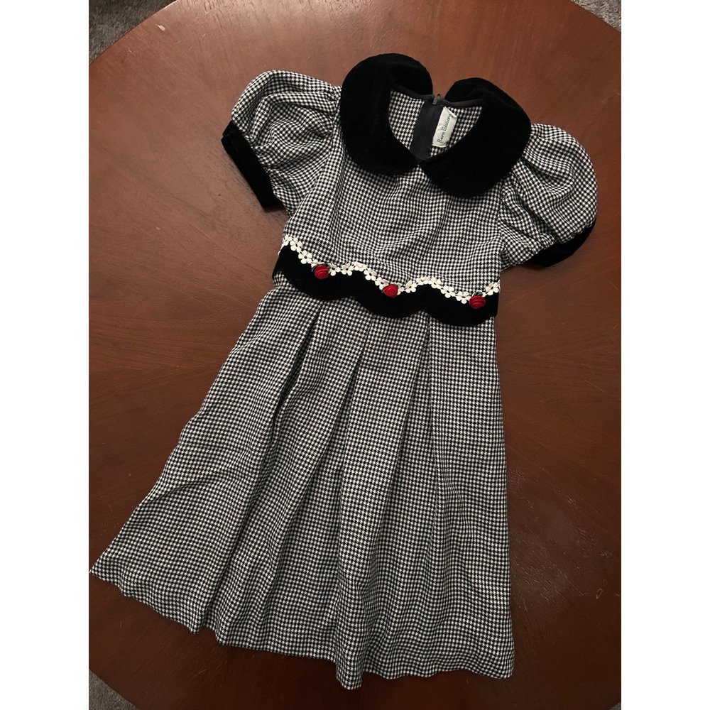 Rare Editions Girls Houndstooth Dress Black White Velvet Trim Red Roses Size 6X